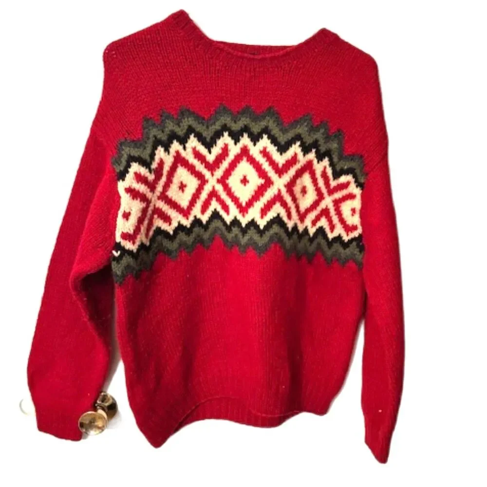 J.Crew Fair Isle Wool Sweater Men’s Medium Red Nordic Crewneck Cozy Cabin